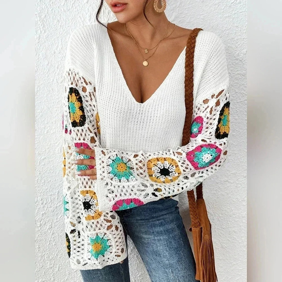 Floral Pattern Drop Shoulder Pointelle Knit Sweater - Picture 1 of 6